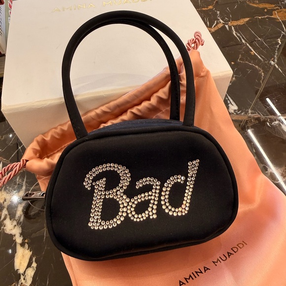 Amina Muaddi Black Satin Superamini Baddie Crystal Embellished Women's Bag